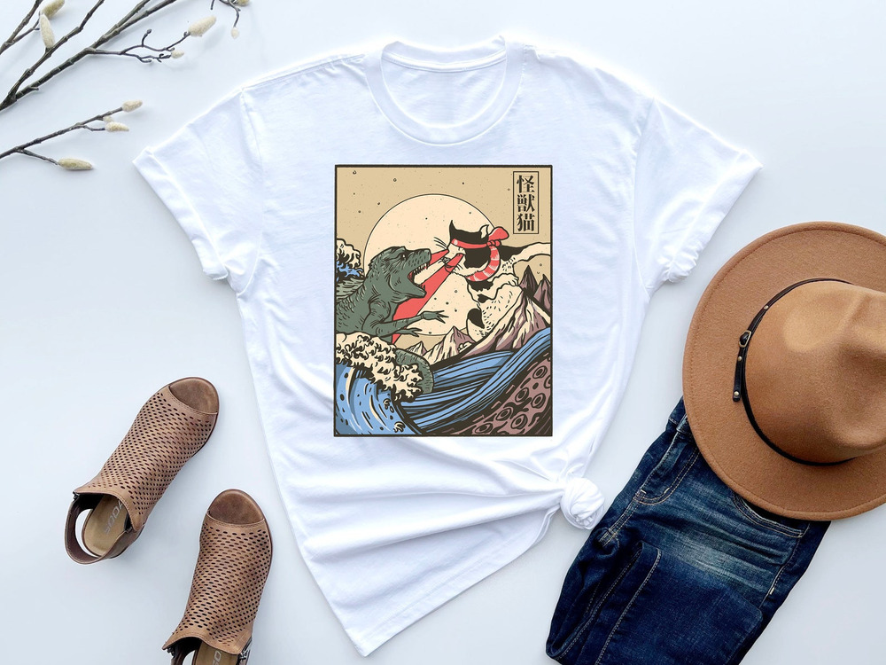 Kaiju Vs Cat Shirt, Neko, Japanese White